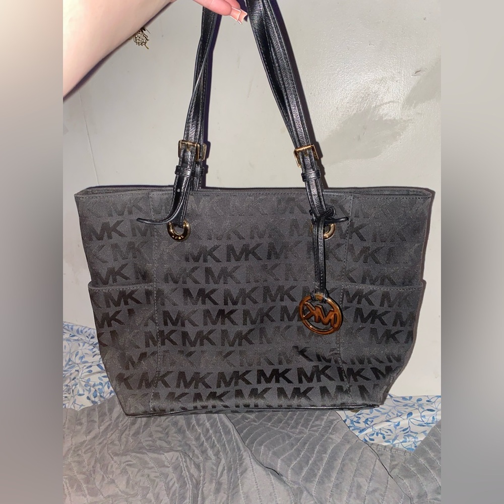 Michael Kors Black Monogram Tote with Gold Charm